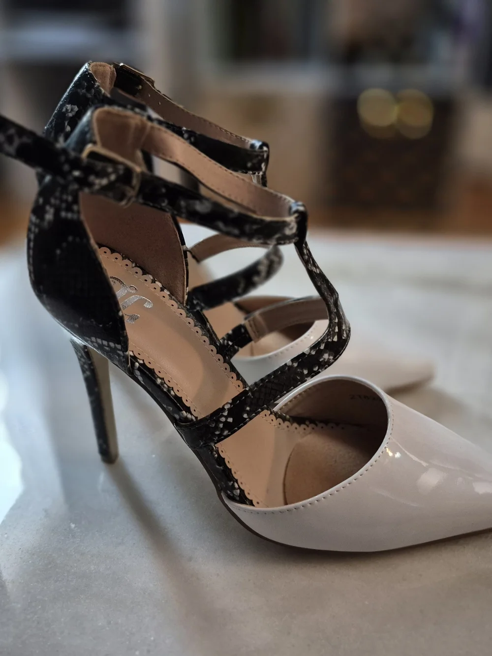 Pointed-Toe Patent Pumps with Snake-Print T-Strap in White
